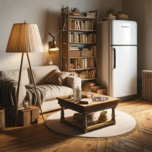  A cozy interior scene featuring a variety of second-hand household items such as a rustic wooden coffee table, an old but elegant floor lamp, a slight