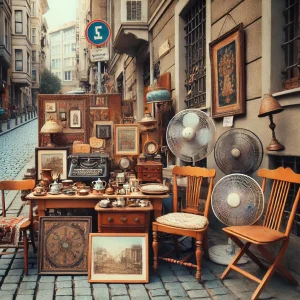  An outdoor second-hand market scene in Istanbul, showcasing used furniture like wooden chairs, a small table, a retro fan, and household decor items a